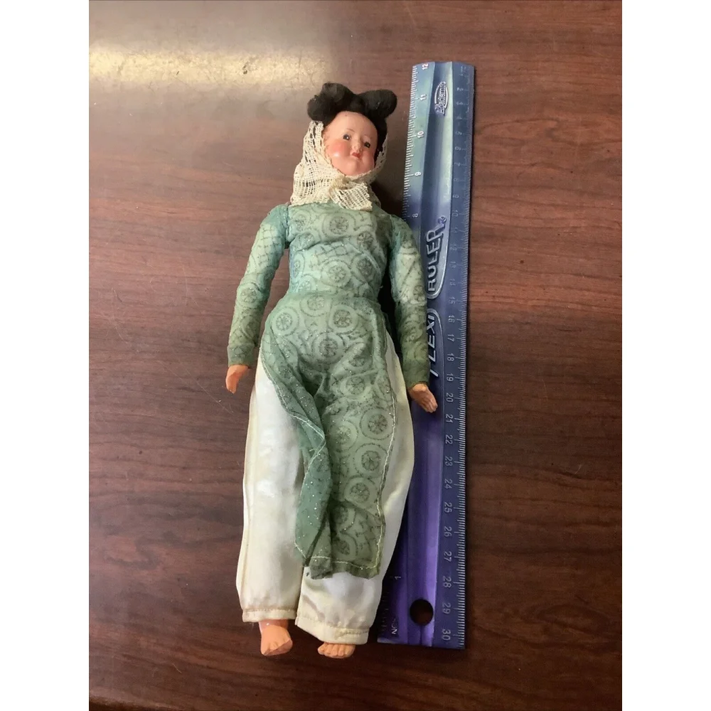 Vintage Celluloid Doll Black Haired Woman Ethic Clothes Handpainted